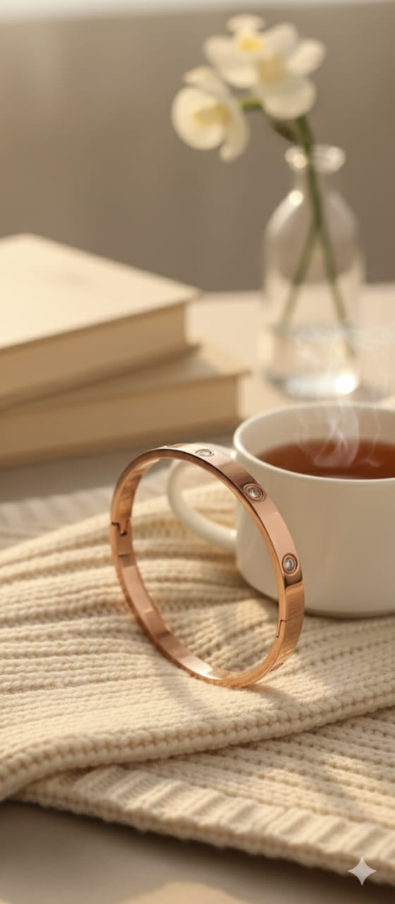 Rose Gold Plated Oval Stone-Inlay Bangle/Bracelet